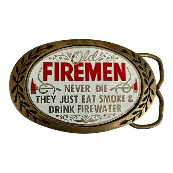 Aminco Other - Vintage Amico Buckles 1980 Brass Old Firemen Never Die Eat Smoke Belt Buckle